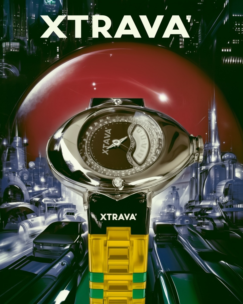 XTRAVA' eye-cased chrome watch above a night city